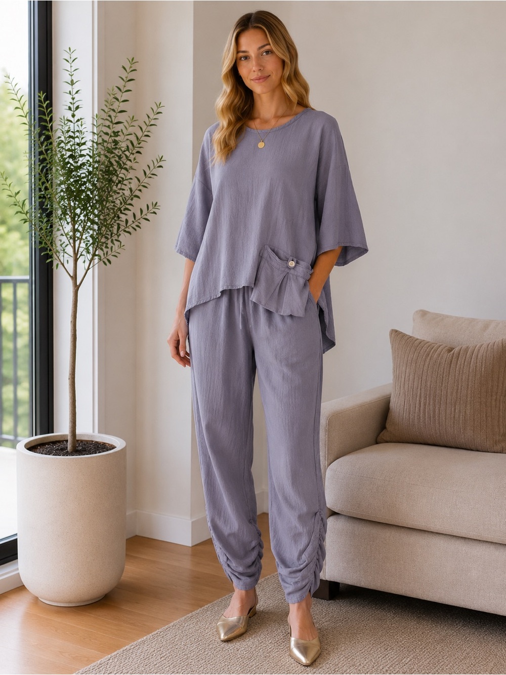 Oh My Gauze 2 Piece Set Top E‎ Pants V Dusty Lavender Crinkle Gauze Lagenlook